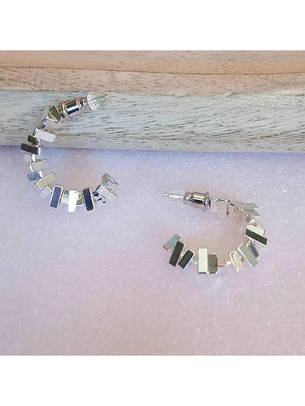 Silver hoop earrings with rectangular silver and black tiles #hoop #geometric